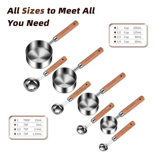 Wooden Handle Measuring Cups and Spoons Set 304 Stainless Steel Metric and US Measurements, Stackable Cups and Spoons, Fits for Measuring Dry and Liquid Ingredients