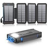 Batterie Externe Solaire avec 4 Panneaux Solaires, USB C Chargeur Solaire à Charge Rapide pour Téléphones, Power Bank pour l'extérieur avec Lampe de Poche/SOS/Stroboscope (Bleu)