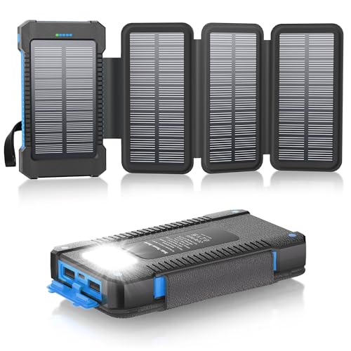 Solar Powerbank 26800 mAh, Powerbank USB-C 18W Schnellladung für iPhone Samsung und mehr, IPX7 wasserdichte Outdoor Externe Akkus mit Taschenlampen-Dauerlicht/SOS/Stroboskop (Blau)