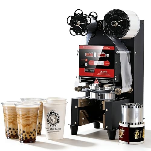 USAJZM Cup Sealing Machine Full Automatic Electric Cup Sealer 500-600 Cups/H for 90/95mm Bubble Boba Milk Tea Coffee Cups with LCD Control Panel - Black