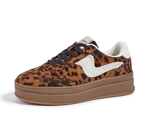 LUCKY STEP Baskets Femme à Plateforme – Sneakers Chunky de Mode, Chaussures Casual à Lacets, Confortables pour Marcher et au Quotidien (Marron/Léopard,...
