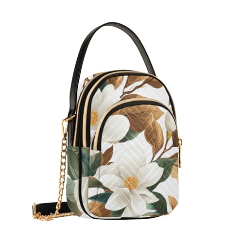susiyo Quilted Crossbody Bag White Magnolias Flowers Leaves Womens Small Shoulder Purses with Chain Strap2