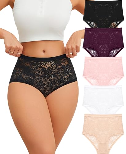 ALL OF ME 5er Pack Unterhosen Damen Spitze Unterwäsche Frauen High Waisted Pantys Spitzen Hohe Taille Slip für Frau Weiche und Bequem Mehrpack S-XXL