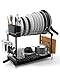 Escurridor de platos, estante de 2 niveles con bandeja de goteo, estante de secado de platos de acero inoxidable antioxidante para encimera de cocina o fregadero, color negro