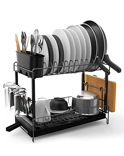 TONGKTAI Égouttoir à Vaisselle, Egouttoir à 2 Niveaux en Acier Inoxydable Antirouille avec bac D'égouttement pour Comptoir de Cuisine ou Evier, Noir