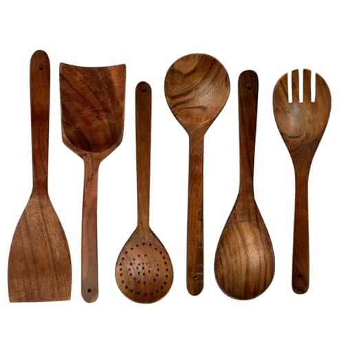 Cucharas de madera de teca Spiritual Gifts para cocinar de forma cómoda y suave, 6 piezas 2