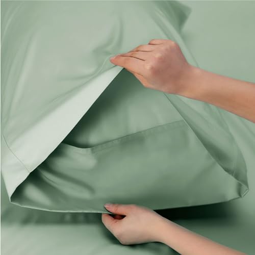 Image of Bedsure Cooling Sheets Twin, Rayon Derived from Bamboo, PureWoven, Breathable & Soft Twin Sheets Set, Deep Pocket Up to 16 Inches, Hotel Luxury Silky Bedding for Hot Sleepers, Sage Green