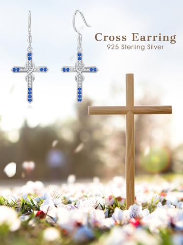 Seiyang Cross Birthstone Earring 925 Sterling Silver Cross Dangle Drop Earrings with 12 Months Birthstone Religious Christian Jewelry Gifts for Women Mom Her3