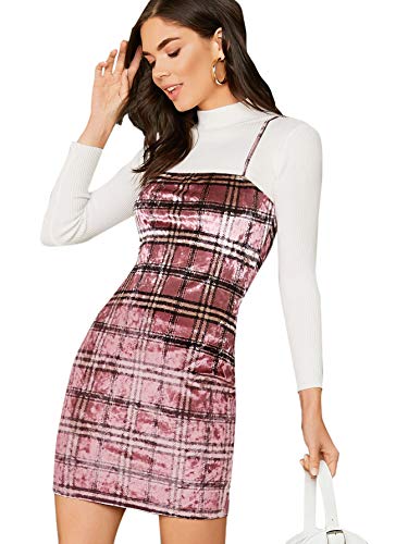 Floerns Women s Plaid Print Mini Cami Bodycon Dress Pink Black M