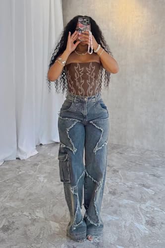 Women's High Waist Baggy Ripped Denim Jeans with Star Tassel Frayed Details Y2K Straight Leg Casual Jeans4
