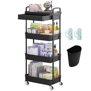 Wuciray Beauty Trolley on Wheels 4 Tier Storage Trolley with Drawer Plastic Beauty Trolleys Rolling Utility Cart Craft Trolleys on Wheels for Home Kitchen Bathroom Laundry Office Black