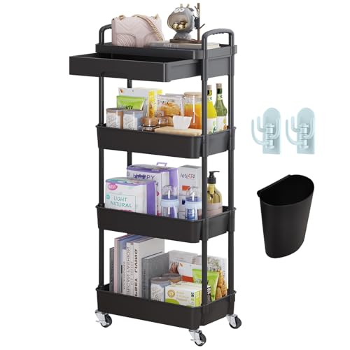 Wuciray Beauty Trolley on Wheels 4 Tier Storage Trolley with Drawer Plastic Beauty Trolleys Rolling Utility Cart Craft Trolleys on Wheels for Home Kitchen Bathroom Laundry Office Black