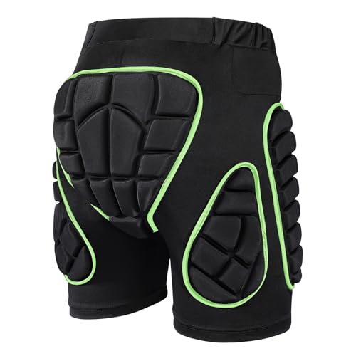 OHMOTOR 3D Padded Protective Shorts Hip Butt EVA Pad Short Pants Heavy Duty Protective Gear Guard Drop Resistance for Ski Skiing Skating Snowboard Cycling (Green - for Men, L)