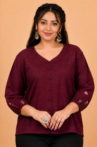 Image of Akiko Women's Plus Size Cotton Slub Fabric Top V-Neckline Embroidered Sleeves