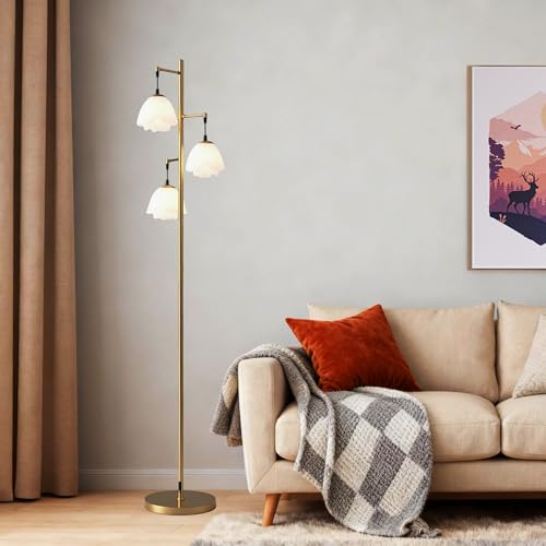 Fiqevs Flower Floor Lamp for Living Room, Mid Century Gold Floor Lamp with 3 Floral Shades and Bulbs Included, Elegant Standing Tree Lamp for Kids Room, Bedroom Office - Antique Brass