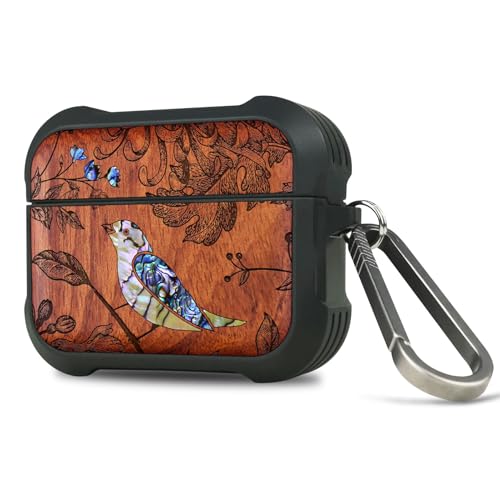 Carveit Case per AirPods Pro 3 2025 Gen Custodia, Unico Cover Incisione in legno e intarsio di cozze compatibile con AirPods Pro 3 Gen con titanio Moschettone (Rosea-Fiori e uccelli)