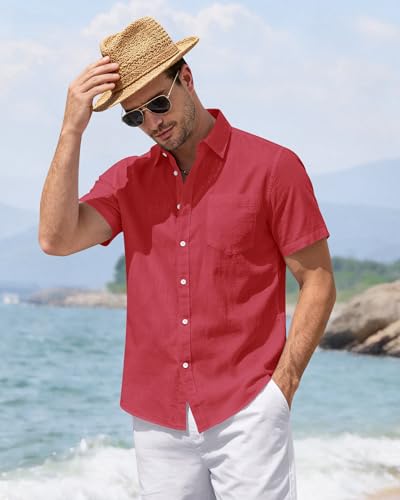 Image of J.VER Mens Linen Shirt Short Sleeve Button Down Casual Summer Shirts | Cotton Linen, Untucked, Big Tall, from Beach Camp Vacation, Cruise Fishing, Work Office, to Wedding Party Family, with Pocket