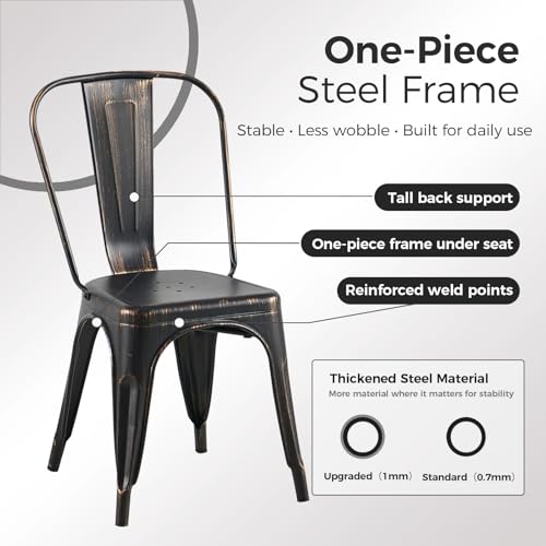 Image of Metal Dining Chairs with Back, Stackable, Distressed Black, 6 Pack | Easy Assembly, Non-Slip Feet, 330 lb Capacity, Kitchen, Restaurant, Cafe, Pub, Covered Patio