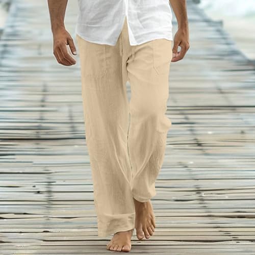 Mens Cotton Linen Pants Drawstring Elastic Waist Casual Yoga Pants Loose Fit Straight-Legs Summer Beach Long Trousers2
