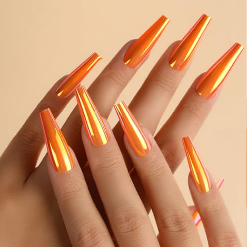 24PCS Chrome Press on Nails Long Ballerina Glue on Nails ROFIBUT Women Manicure Nail Decoration Laser Metallic Fake Nails Luxury Solid