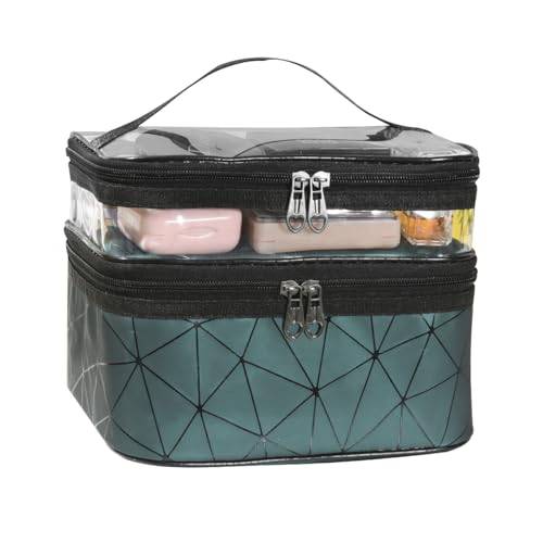 Clear Makeup Bag Large Double Layer Makeup Pouch Waterproof with Handle and Divider Cosmetic Bag PU Leather for Women Girls Gift (Dark Green)
