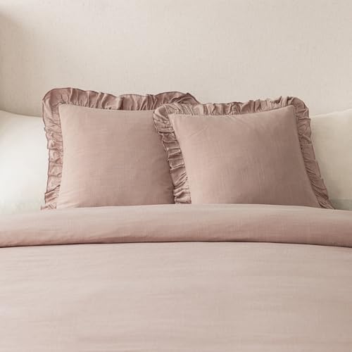 Image of Foindtower Set of 2 Decorative Linen Fringe Ruffle Throw Pillow Covers Soft Boho Farmhouse Cushion Cover Cozy Accent Retro Pillowcase for Couch Sofa Bed Living Room Home Decor,18x18 Inch,Coral Pink