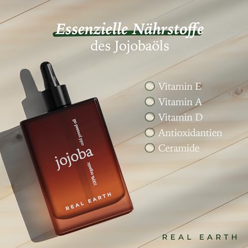 Jojobaöl Bio 100ml – 100% Reines & Kaltgepresstes Gesichtsöl – Für Haut, Haare, Nägel – Feuchtigkeitspflege gegen Akne, Falten & Dehnungsstreifen – Vegan – Real Earth