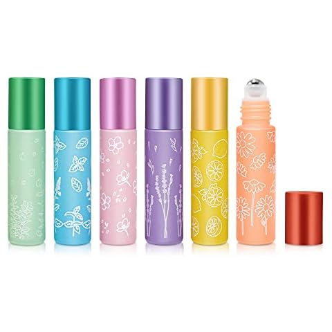 Gemice 6pcs Essential Oils Roller Bottles, 10ml Glass Roll on Bottles with Stainless Steel Roller Balls Perfect for Fragrance Aromatherapy Included Bottle Opener and Dropper Cover