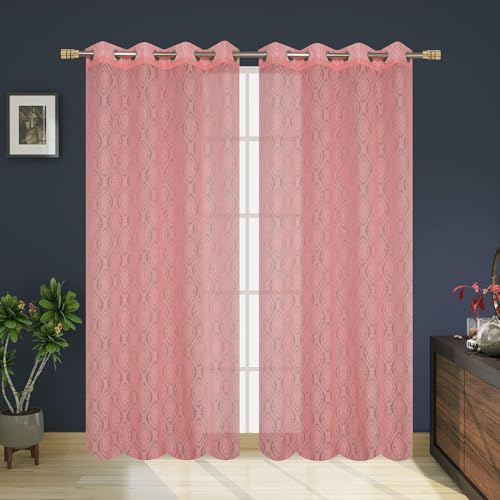 Image of Fabrilia Polyester Sheer Net Damask Design Semi Transparent Eyelet Door Curtains 7 feet Long Set of 2- Pink