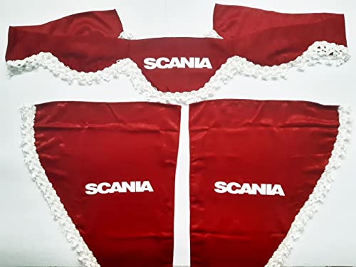 Set 3 Rideaux décoratifs en Peluche avec Pompons Blancs pour camions Scania R S P L (Rouge)