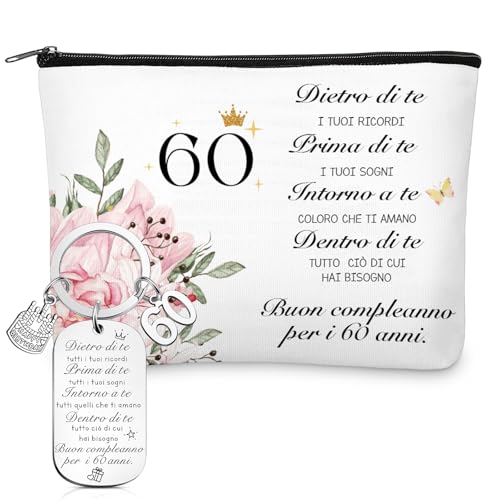 Xuniea Regalo per il 60° Compleanno per le Donne 60° Borsa per Cosmetici da Donna e un Portachiavi Idea Regalo per il Compleanno di Donne, Mogli, Madri, Nonne, Amiche(Number 60)