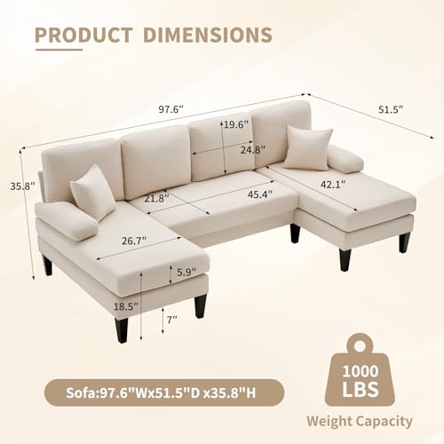 Image of 98 inch Sectional Couches for Living Room, U Shaped Couch with 18 inch Seat Height, 4 Seater Couch Set with Double Chaise for Apartment, Living Room Sofas, Chenille, Beige