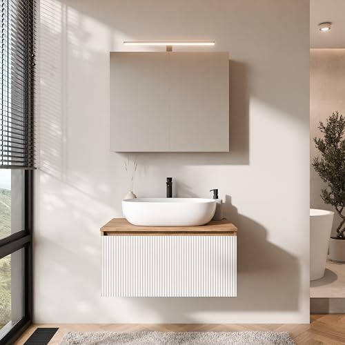 Planetmöbel Arisa Badmöbel Set Waschtisch mit Unterschrank 80 cm Gold Eiche weiß (geriffelt) mit ARIA Spiegelschrank, Waschbecken 60 cm weiß, inkl. Raumsparsiphon