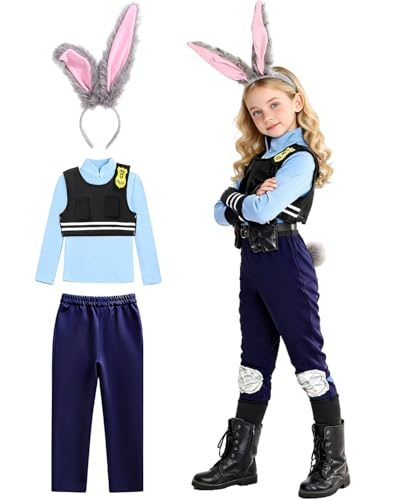 JoltMemori Kids Police Officer Costume Set - Bunny Headband Cosplay Outfit for Girls 4-9Y, Perfect for Christmas & School Performances
