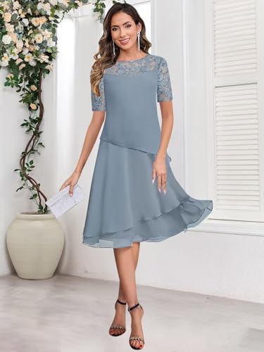 Women's Short Sleeve Tea Length Mother of The Bride Dresses for Wedding Ruffle Chiffon Lace Formal Dress2