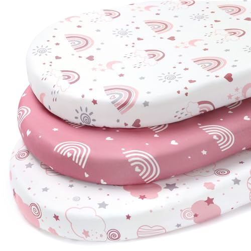 Image of FIEMOL Baby Bassinet Sheets, 3 Pack Fitted Bassinet Mattress Sheets, Compatible with Halo Bassinest Swivel Sleeper & Oval Hourglass Rectangle Mattress, Ultra Soft Pink Rainbow