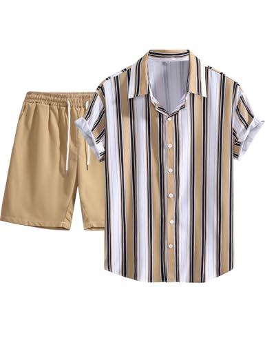 Image of Yimoon Men's Summer 2 Piece Outfits Tropical Print Short Sleeve Button Down Hawaiian Beach Shirt and Shorts Set