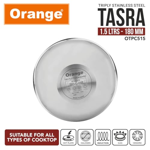 Image of Orange Stainless Steel (Triply Tasra Without Lid, 1.5 LTR, 18cm) 3 Layers Kadai | Heavy Bottom | 2.5mm Thickness | Multi-Purpose & Durable | Induction and Gas Stove Friendly | 5 Year Warranty, Silver