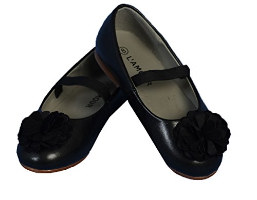 L’ Amour Girls Black Dress Shoes w/Flower Pom