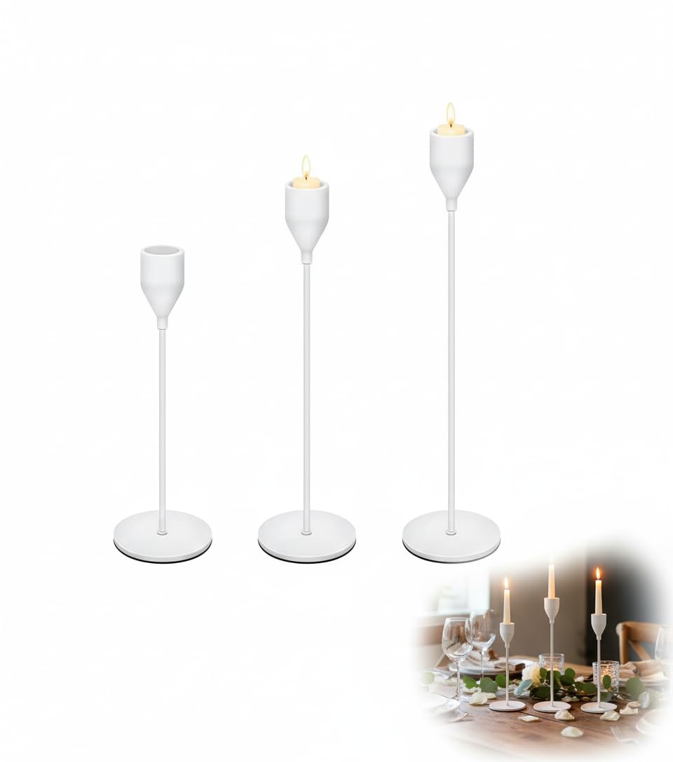 TERRIFI 3 Pcs Candle Holders for Taper Candles, Decorative Candlestick Holder for Wedding, Dinning, Party, Fits 3/4 inch Thick Candle&Led Candles (Metal Candle Stand) (White)
