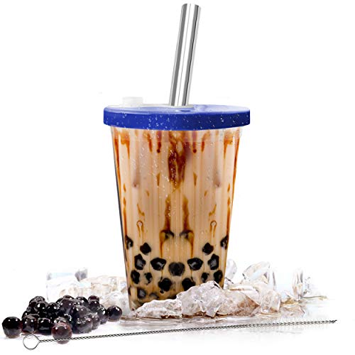 Boba Cup Reusable for Bubble Tea and Boba Tea | 17 Ounce | Double Wall Insulated & Leakproof | Boba Tapioca Pearls | Dark Blue Top with Stainless Steel Straw