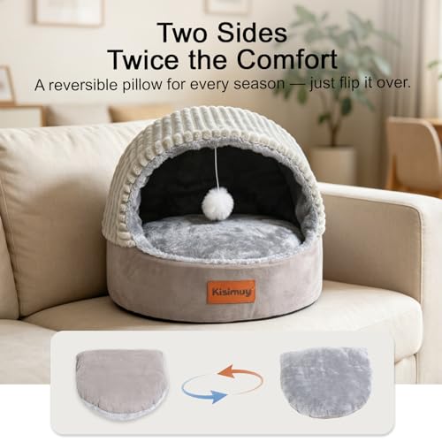 Cat Bed Cave with Pillow & Cat Toys, Cozy Cat Beds for Indoor Cats | 15.7in,Up to 10 lbs, Dual-Sided Cushion, Reversible Comfort for All Seasons, Semi-Enclosed Design, Machine Washable, Grey - Image 6