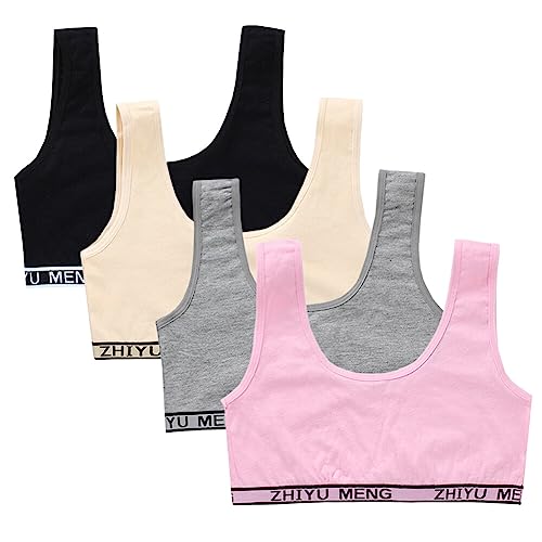 Unpadded Girls Bra Seamless Training Bra Breathable Cotton Bra Wireless Sports Bras Kids Crop Tops for 7-14 Years, 4 Pcs Set
