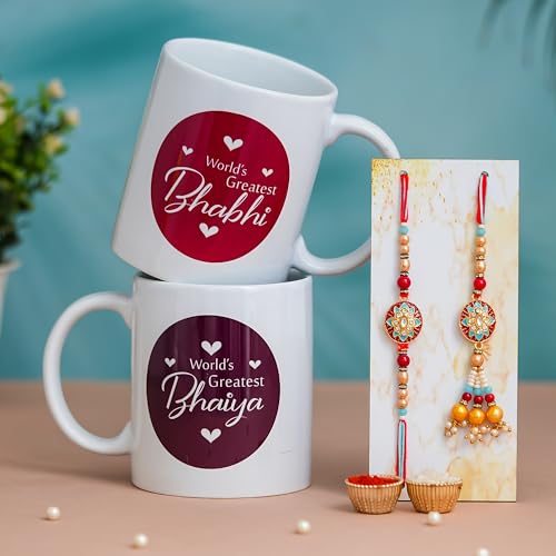 Image of Rakhi Gift for Brother and Bhabhi with 2 Printed Ceramic Mug 325 ML, Lumba Rakhi Set, Greeting Card and Tilak Set Combo for Bhaiya Bhabhi (WPM-3)
