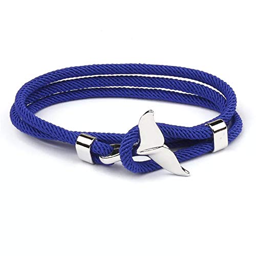 Unisex Adjustable Milan Cord Rope Silver Color Whale Tail Wrap Bracelet for Men and Women (Sapphire Blue)
