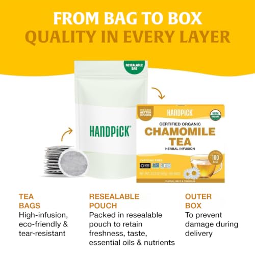 Image of HANDPICK Organic Chamomile Tea (100 Tea Bags) Pure Floral Chamomile Tea