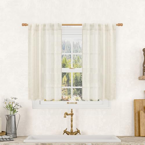 Image of LAMIT Semi Sheer Linen Curtains 40 Inch Length for Cafe, Light Filtering Panels Back Tab and Rod Pocket Neutral Drapes for Bathroom /Kitchen, 25 x 40 Inch, Natural, 2 Panels