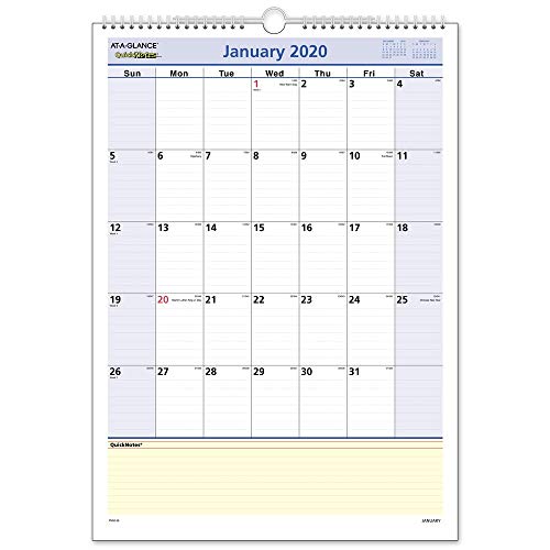 AT-A-GLANCE 2020 Monthly Wall Calendar, QuickNotes, 12