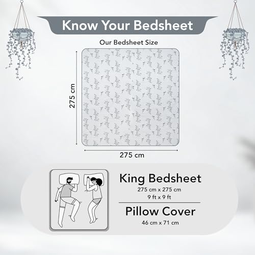 Image of Divine Casa 210 TC Cotton King Size Bedsheet | Soft Breathable Pigment Twill Satin Bed Sheet with 2 Pillow Covers | Luxury Double Bed Bedsheet | 275 x 275 cm (Natural Grey, Floral)