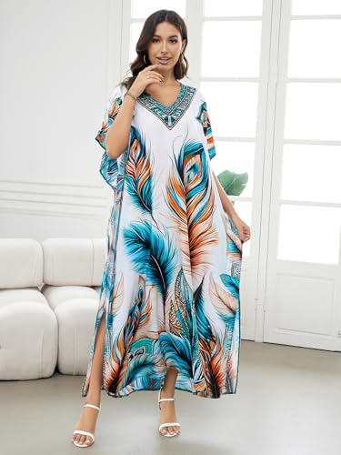 Image of IMAGEKOPE Women's Plus Size Loose Fit Moroccan Print V-Neck Batwing Kaftan Beach Dress Bathing Suit Cover Up